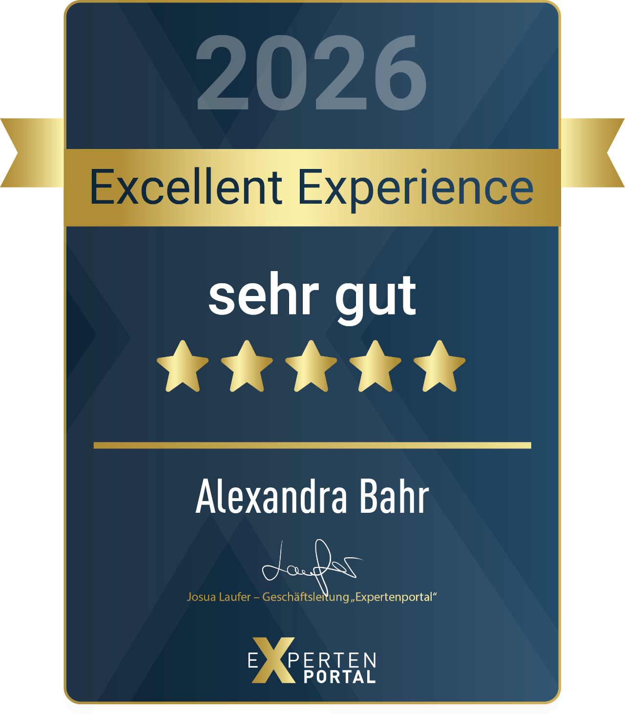 Expertenportal Siegel Excellent Experience "sehr gut" für Alexandra Bahr 2026